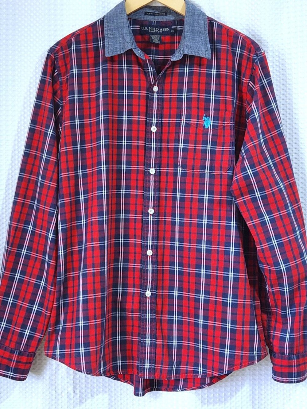 U.S. Polo Assn Plaid Button Up Shirt Mens Large Red Blue Slim Fit Long Sleeve